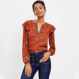 Like New! Loft Rust Floral Ruffle Blouse